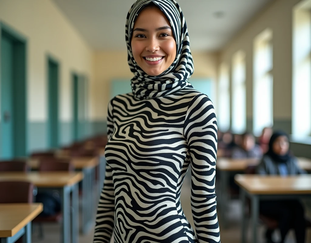 A thinest asian style muslimah woman with shiny pretty face wears zebra print lycra turtleneck unitard catsuit with zebra striped print cotton hijab.She is my school teacher.