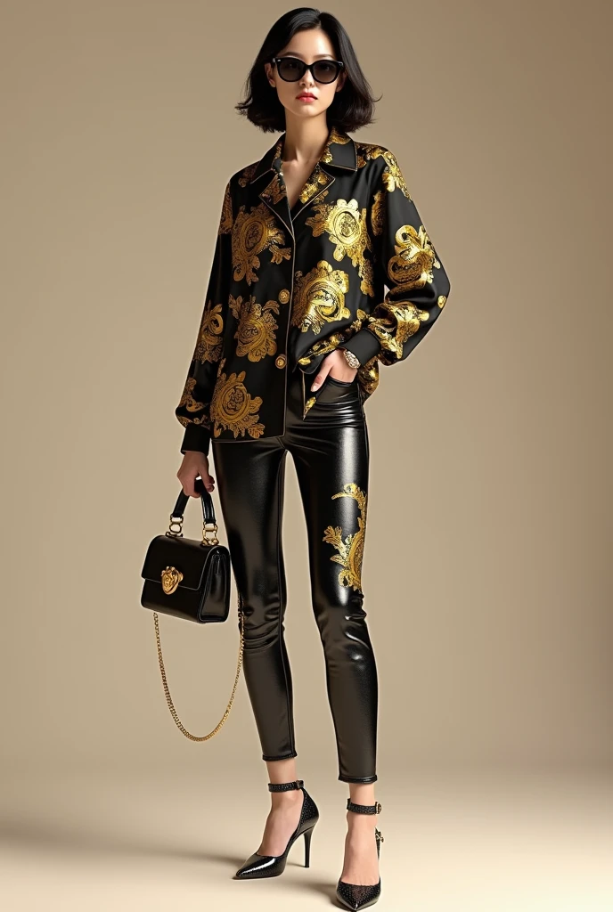 ((best quality,4k,highres,masterpiece:1.2)),((character concept art)), 1 female, age 25, Chinese Hong Kong, Hong Kong Elite, eldest sister, triad female leader, Known for her impeccable fashion sense and elegant demeanor, she is a true embodiment of the Versace brand. Her body language is as captivating as her style, always exuding confidence and high fashion. (((She's wearing an exquisite Versace Barocco-print Shirt in Silk and Barocco-print leggings gold-tone/white/black, a true testament to the brand's luxurious aesthetic.))) Paired with Versace Medusa Tribute Sandals, she carries her ensemble with an air of effortless sophistication. Her accessories include a Versace Medusa Tribute Bag and a pair of Versace Tribute Sunglasses, enhancing her overall look. ((intricate detail)), super finely detailed hands, ultra finely detailed fingers(((ten fingers))), (standing still with confidently), (full body showcase), (show full body), (no logos on background), (no logo), ((plain background)), ((plain background)), (((empty background))).
