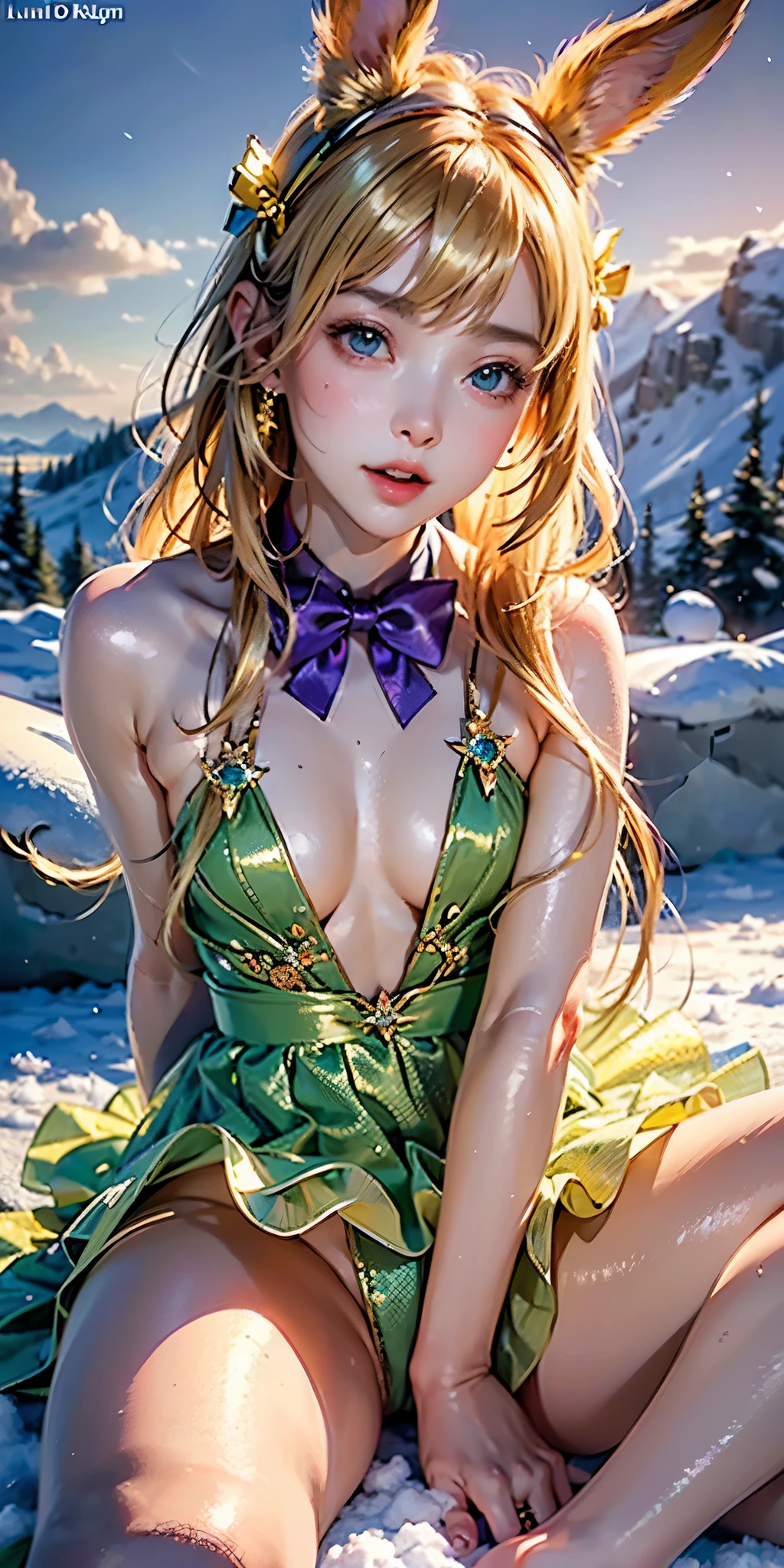 masterpiece, Highest quality, Highly detailed CG Unity 8k wallpaper,((Upper Body)) ,((Upper Body head close-up shot of a beautiful )), , Elegant long straight blonde hair, (Mckenna Grace), ((Flat Chest,Thighs,Self-illuminating skin)),transparent (Purple green) Golden (Sparkly tutu,long rabbit ears headgear, , bow tie, No pants, Genitals are visible), ((Sitting,Spread your legs)),(), (blush), , (), (Ice and snow world), Pretty face, Key Art, Awards, intricate detail realism hdr, by (Luan Jia, Altgerm and Range Murata), Photorealism, Hyperrealism, Ultra-realistic, Dramatic Light, Strong Shadows, Nice views, Depth of written boundary