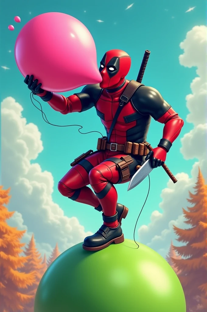 Deadpool blows up a pink balloon with his mouth and jumps on a green balloon, holding a knife in his hand