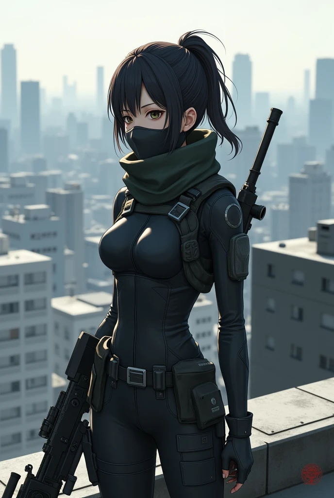 Japanese female sniper wearing a cloth mask standing on the roof of a high-rise building without a hood