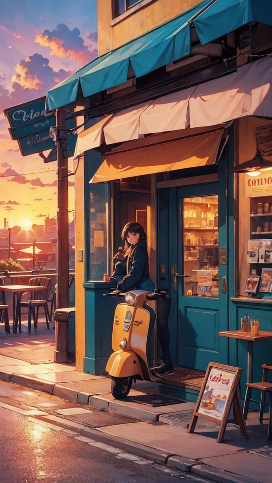 a painting of a scooter in front of a cafe with a sunset in the, cozy cafe background, cafe, beautiful retro art, scenery artwork, cafe in the clouds, warm beautiful scene, scenery art detailed, diner caffee, dream scenery art, watching the sun set. anime, anime scenery, in a sidewalk cafe, at a beautiful sunset, beautiful aesthetic art, nightcafe, in a bright cafe, super detailed color art, beautiful comic art, beautiful anime scenery, retro style art