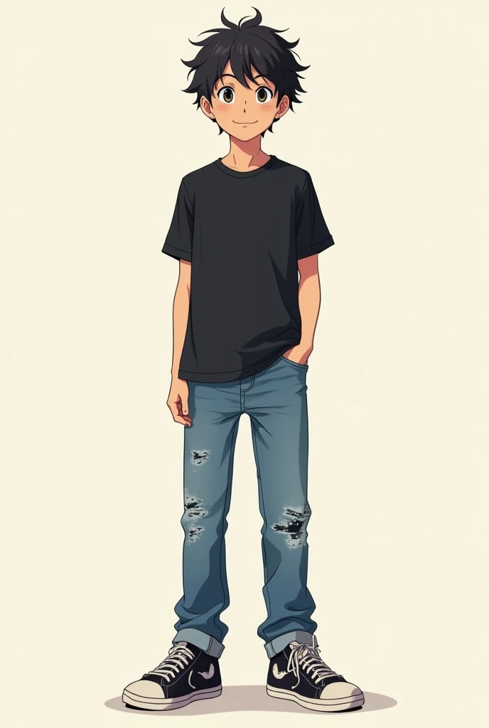 Create an image of a teenager boy wearig black tshirt and blue jeans messy hair average height front side in 2d anime style
