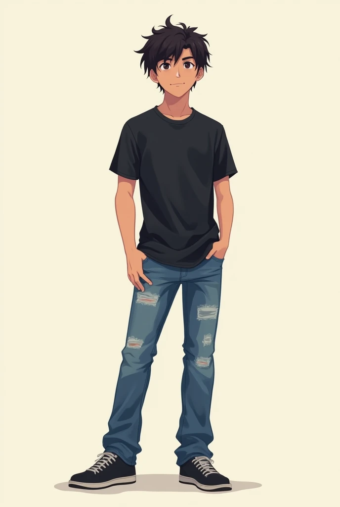 Create an image of a teenager boy wearig black tshirt and blue jeans messy hair average height front side in 2d anime style