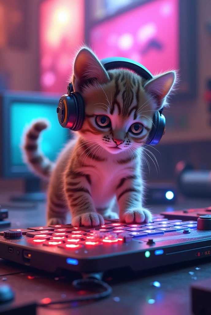 Kitten standing on a specially made play platform,There are all kinds of electronic devices and game peripherals placed around。It has a pair of cool headphones on its ears.,Stepping on the dynamic floor keyboard,The claws are beating rapidly to the rhythm of the game music.。I saw it frowning,All eyes and ears,The little head sways slightly with the rhythm。When the music comes in,It quickly presses the game button,Unleash powerful skills。