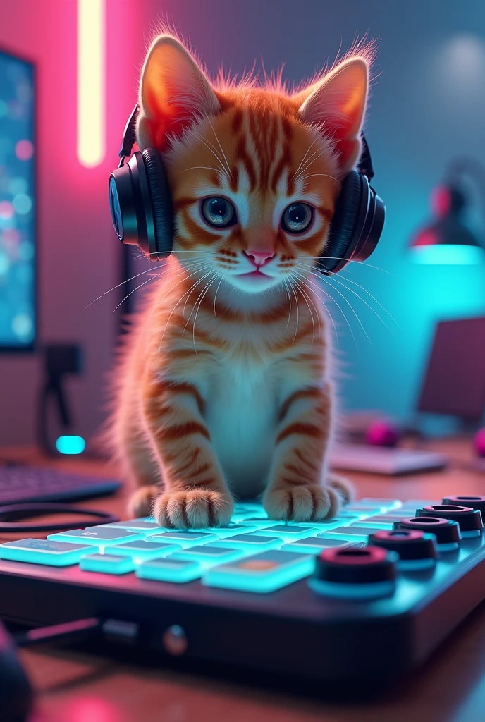Kitten standing on a specially made play platform,There are all kinds of electronic devices and game peripherals placed around。It has a pair of cool headphones on its ears.,Stepping on the dynamic floor keyboard,The claws are beating rapidly to the rhythm of the game music.。I saw it frowning,All eyes and ears,The little head sways slightly with the rhythm。When the music comes in,It quickly presses the game button,Unleash powerful skills。