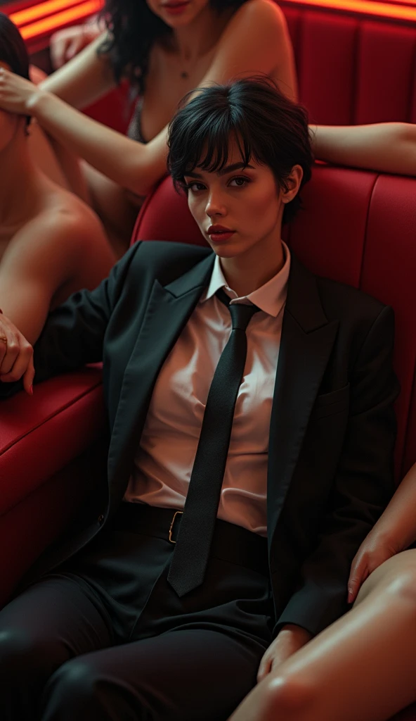a stylish swagger tomboy woman in casino short hair in a suit and tie lazily lounging while ,with multiple girls huddle laying around her their legs visible in the frame, fashion,elegant,glamorous posture (best quality,4k,8k,highres,masterpiece:1.2),ultra-detailed,(realistic,photorealistic,photo-realistic:1.37),HDR,UHD,studio lighting,ultra-fine painting,sharp focus,physically-based rendering,extreme detail description,professional,vivid colors,bokeh,portrait,high fashion,elegant,glamorous,cinematic,dramatic lighting,moody,mysterious,sensual,sophisticated in