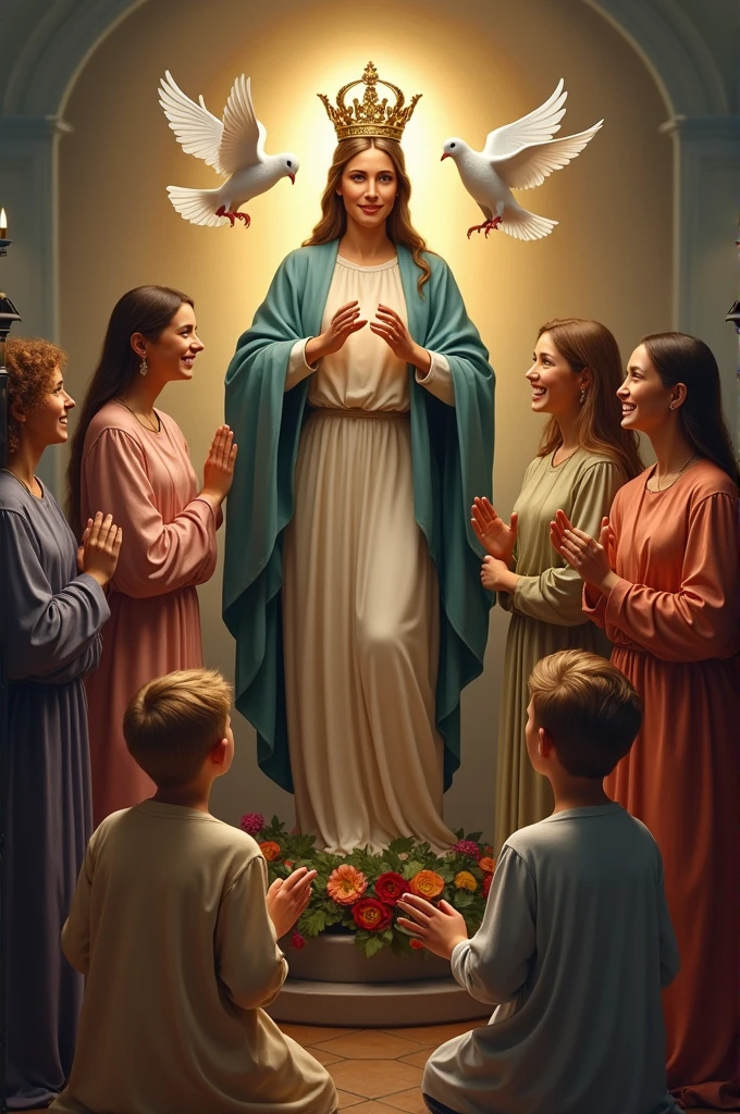 A dove next to the Holy Trinity and Mary being crowned watched by a group of young people between and smiling