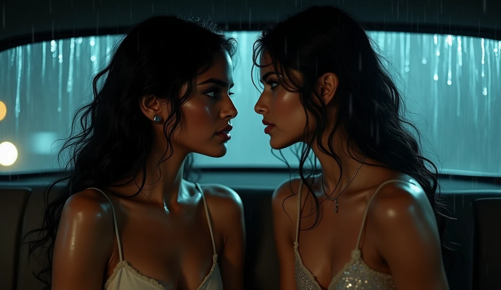 Two Indian ybomb married woman staring hatefully each other in car seat rainy night wet bodies 