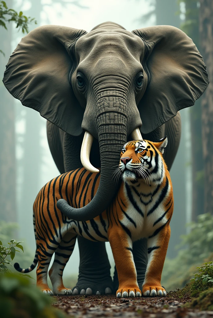 create a big photo 
relationship of elephant and tiger. tiger and elephant should be of same size