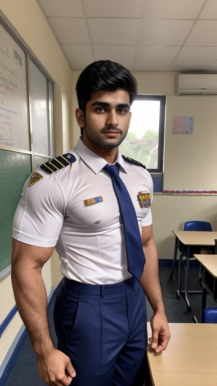 Handsome muscular AARAV GURJAR 1 boy in school uniform, standing in classroom with girls, he is girls favorite