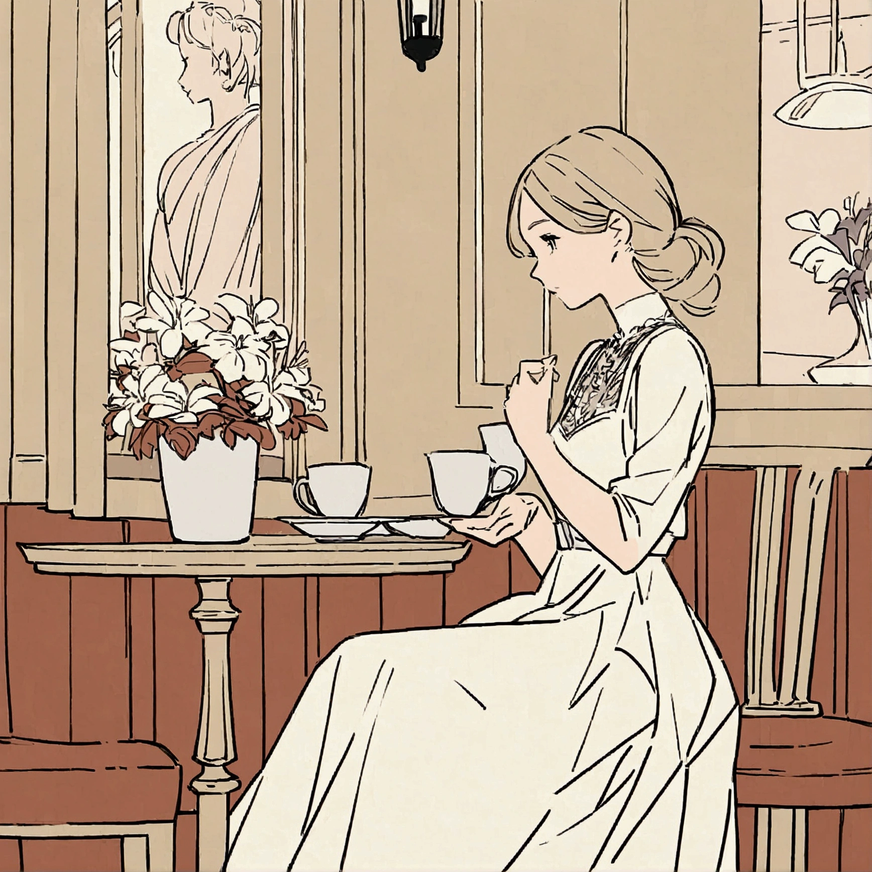 Chic, woman in white dress, cafe, flat color, flowers in vase, vintage