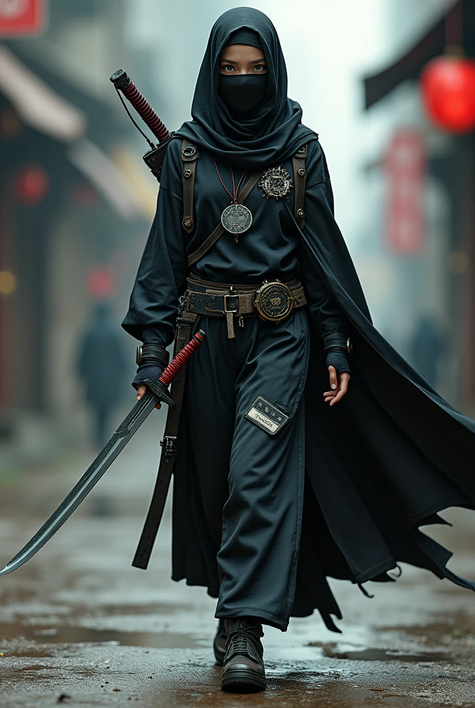 a girl like ninja around age 15, Muslim niqabis close her face, wearing tech cloak, slim body, holding katana, cyberpunk, big name tag using roman text Mata Dragon text on cloth,  Mata Dragon roman text carve at katana, have bow on back, walking toward camera.