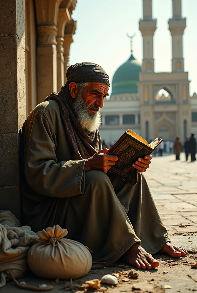A poor old man is crying behind the Makkah and is carrying junk with him and a book of the Holy Quran is placed in front of him.