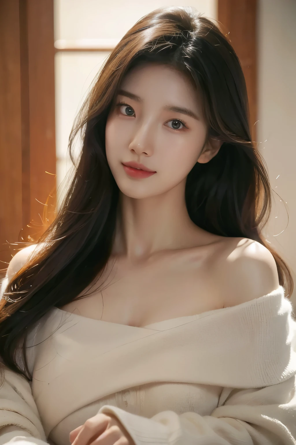 8K, masterpiece, RAW photos, best quality, realistic, depth of field, (very beautiful face, beautiful lips, beautiful eyes), best quality, masterpiece, ultra high resolution, (upper body shot:1.3), Original image, 1 woman, beige color Off shoulder, (beauty room:1.2),(cozy light), deep shadow, low tune, smile, long gray hair, pretty, big bust, Korean girl, Korean, (wide angle shot:1.3)