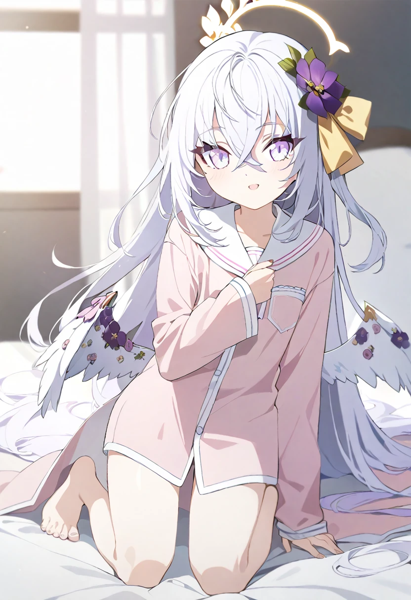 azusa \(blue archive\), 1girl alternate_costume angel_wings barefoot black_pajamas blanket crossed_bangs feathered_wings feet halo kneeling long_hair on_bed open_mouth pajamas purple_eyes sidelocks smile solo toes under_covers very_long_hair white_hair wings