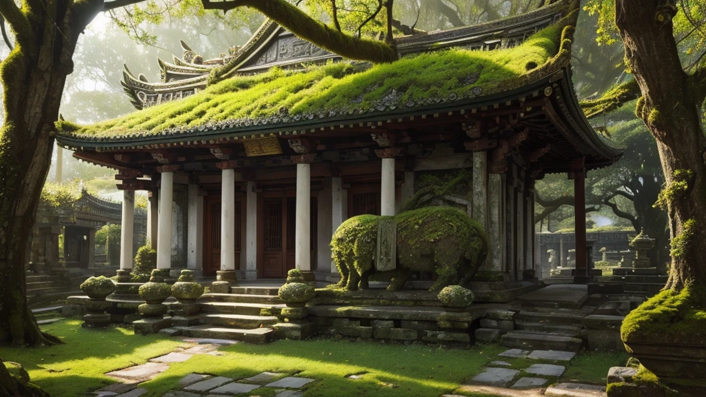 ((masterpiece)),((Highest quality)),((High Detail)), nobody, background, fantasy, bright森, Ancient temple, White architecture, Ivy and moss, Morning light, bright, Animal Sculpture