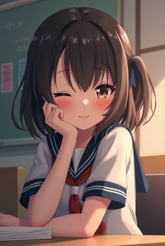"An anime character of a sleepy or just-awakened female student sitting next to me or sharing the same desk, looking at me with her hand touching her cheek, her eyes sleepy or half-open, and giving a sweet, cute smile while glancing in my direction."