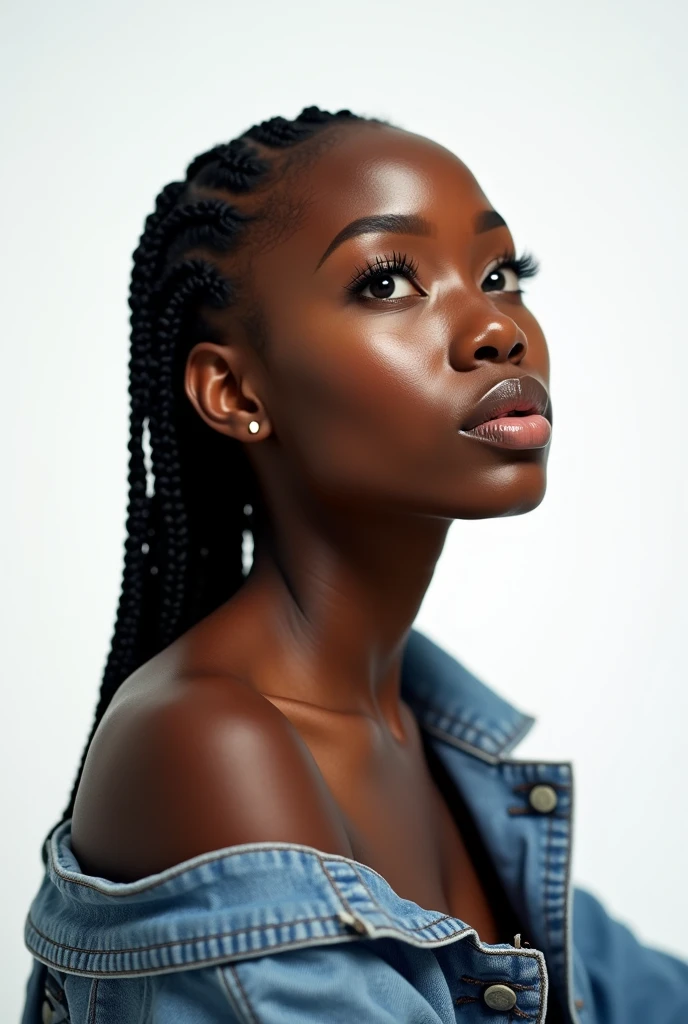 Black Woman - The image shows a black woman.Braided Hairstyles - The woman's hair is in a black braided hairstyle.Clear Skin - The woman's skin is healthy and bright.Naked upper body - The woman is shown with her upper body exposed.Denim Jacket - The woman is wearing a denim jacket.Serious expression - The woman's expression is serious and she is photographed looking up.Bright background - The background is white and bright.