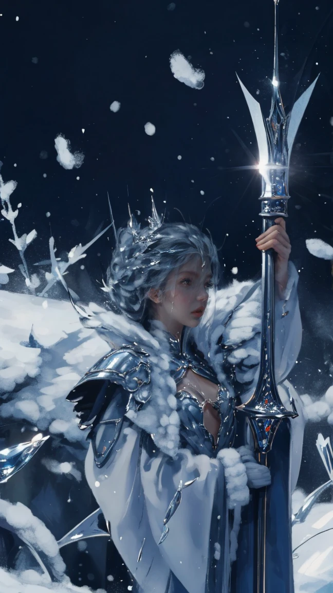 The Snow Queen has a sword made of ice. The sword shines with sparkling ice particles.