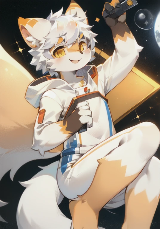 On the Moon,A white male cat,Orange fur,White fur,Silver Hair,Golden Eyes,Big furry tail,Furry ears,Meat pad,Happy,Lovely,Q version,Wearing a space suit