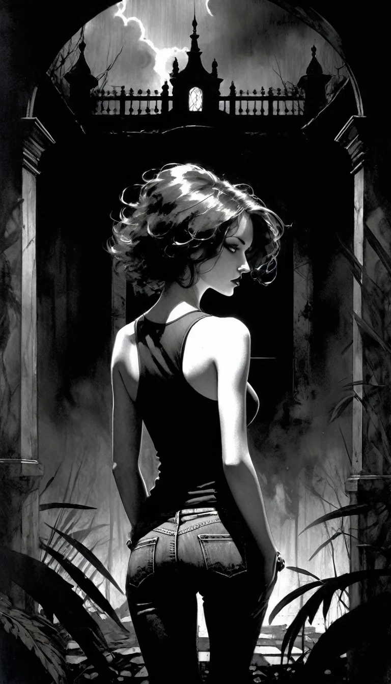 realistic photography, black and white, artistic, a large abandoned mansion in a dark forest, a sexy woman from behind, tank top and jeans, dark clouds, eroticism, sexy, black and white image, between shadows, oil painting, chiaroscuro, sensual, dramatic lighting, moody atmosphere, photorealistic, intricate details, masterpiece, ultra-detailed, high quality, 8k, best quality, realistic, cinematic, dark and brooding, expressionistic, powerful composition, emotional impact, art inspired by Bill Sienkiewicz and Dave McKean
