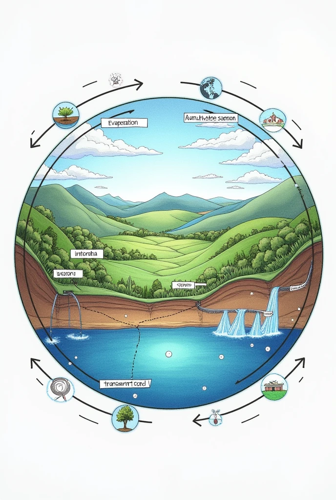Can you give me a drawing of the hydrologic cycle that includes the process of evaporation, condensation, precipitation, infiltration, runoff, and transpiration. Include the processes in the drawing