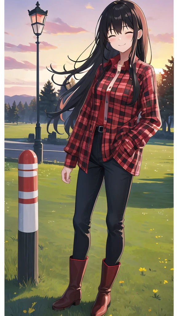 Young woman, high, god, black hair, close eyes, smile, solo, One, costs, field, sunset, checkered shirt, Red shirt, pants, red knee-high boots, looking at the viewer, 8k, red boots, tapes, lamppost, super rear view, ultra quality, home, jewelry, leather boots,