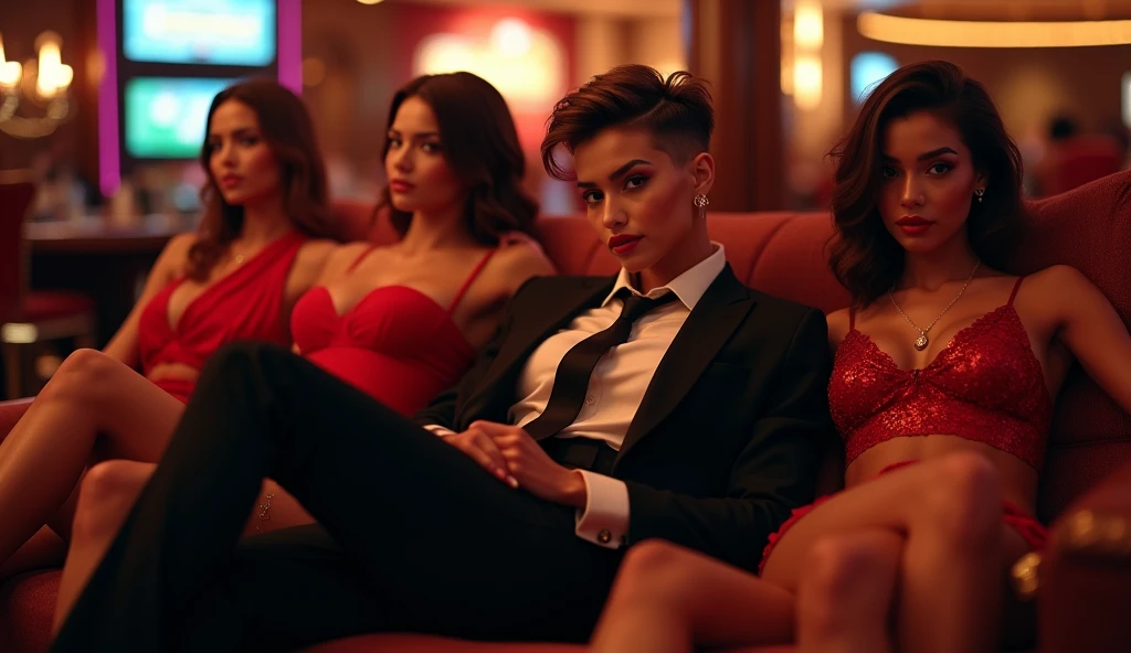 a stylish tomboy woman in casino short hair in a suit and tie with sleek pistol  reclining while laying flat, touching basking in multiple girls laying around her their legs visible in the frame, fashion,elegant,glamorous posture (best quality,4k,8k,highres,masterpiece:1.2),ultra-detailed,(realistic,photorealistic,photo-realistic:1.37),HDR,UHD,studio lighting,ultra-fine painting,sharp focus,physically-based rendering,extreme detail description,professional,vivid colors,bokeh,portrait,high fashion,elegant,glamorous,cinematic,dramatic lighting,moody,mysterious,sensual,sophisticated
