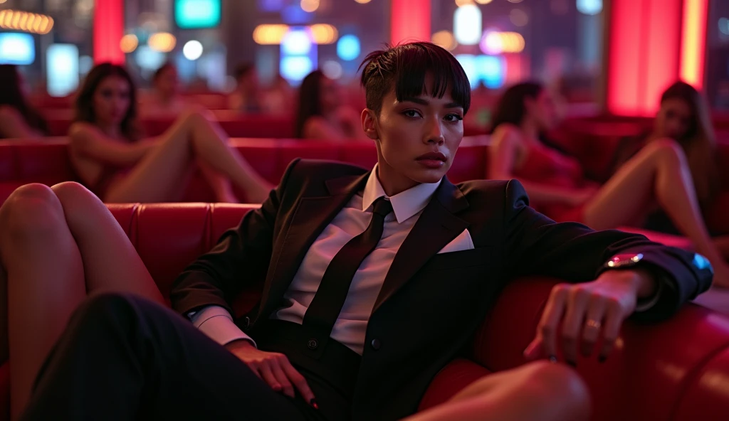 a stylish swagger tomboy woman short hair in a suit and tie reclining while laying flat, with multiple girls laying around her their legs visible in the frame, fashion,elegant,glamorous posture (best quality,4k,8k,highres,masterpiece:1.2),ultra-detailed,(realistic,photorealistic,photo-realistic:1.37),HDR,UHD,studio lighting,ultra-fine painting,sharp focus,physically-based rendering,extreme detail description,professional,vivid colors,bokeh,portrait,high fashion,elegant,glamorous,cinematic,dramatic lighting,moody,mysterious,sensual,sophisticated in casiono