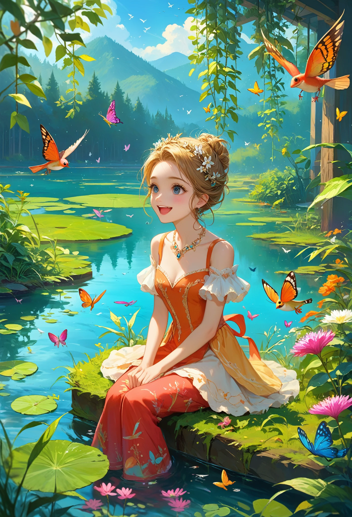 score_9, score_8_up,score_7_up, masterpiece, best quality, perfect anatomy, very aesthetic, official art, 8k,Draw a serene and peaceful lake., surrounded by lush and colorful plants. In one of the banks, there is a little frog sitting, Happy and contented. Around the lake, There are other friendly animals too, For example, singing birds, butterflies dance and dragonflies buzz. Create a magical and enchanting scene, which will take children into a world of imagination and adventure.!