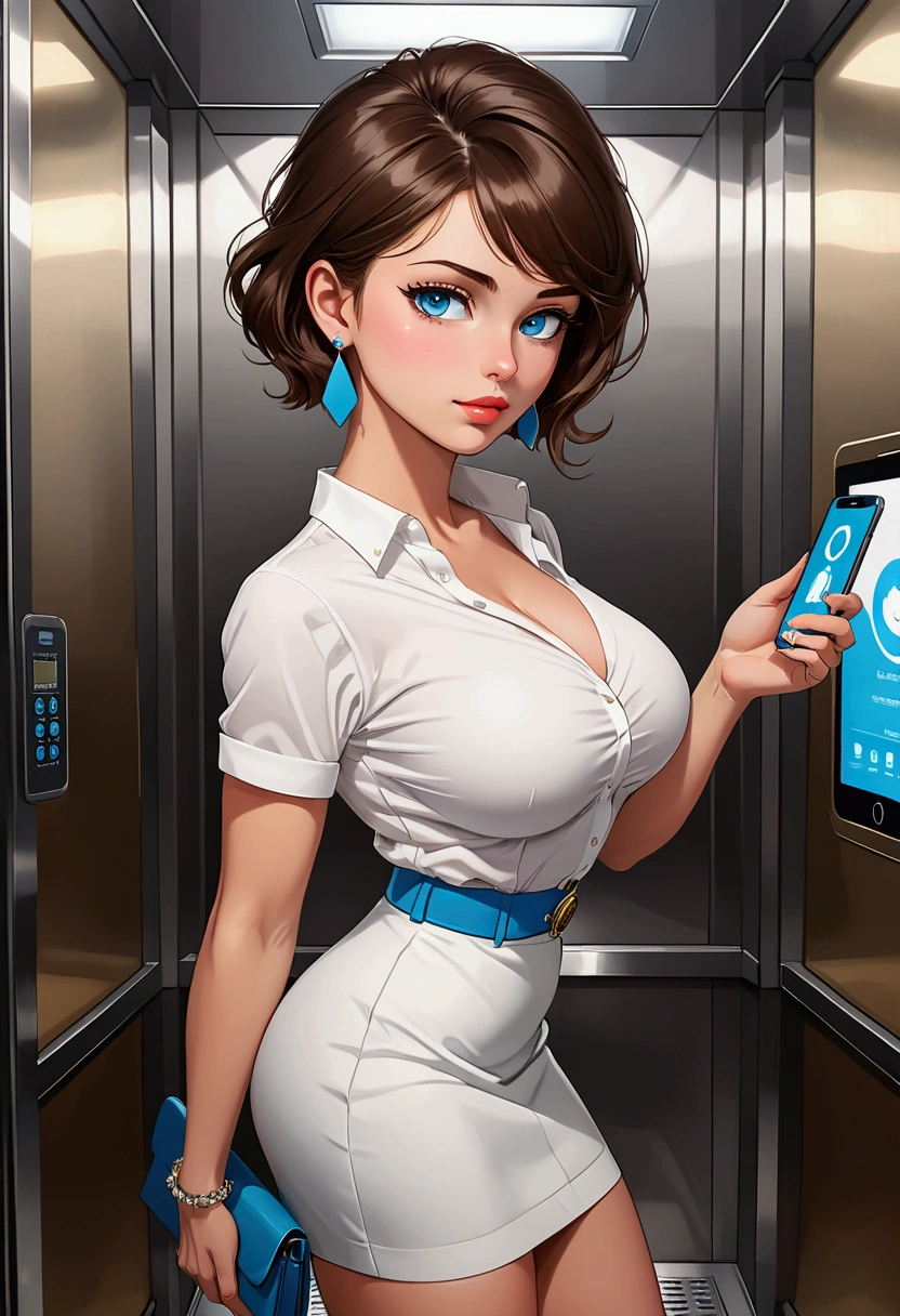 20 years old woman, Short brown hair, Méditerranéenne aux blue eye, Generous and heavy breasts, slender waist, estomac defini, fesses rebondies et pulpeuses, naturally curved, muscular thighs, aguicheuse, in the elevator, in a white skirt and blouse, neckleace, earrings, blue eye, heels , lunettes bleues , Selfie, in profile 