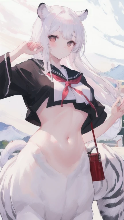 (best quality, masterpiece), 1 girl, centaur, I beg, White skin, Japanese girl,daught pink, exposing the abdomen, belly button t-shirt , beautiful girl perfect, White tiger photo, 완벽한 White tiger photo