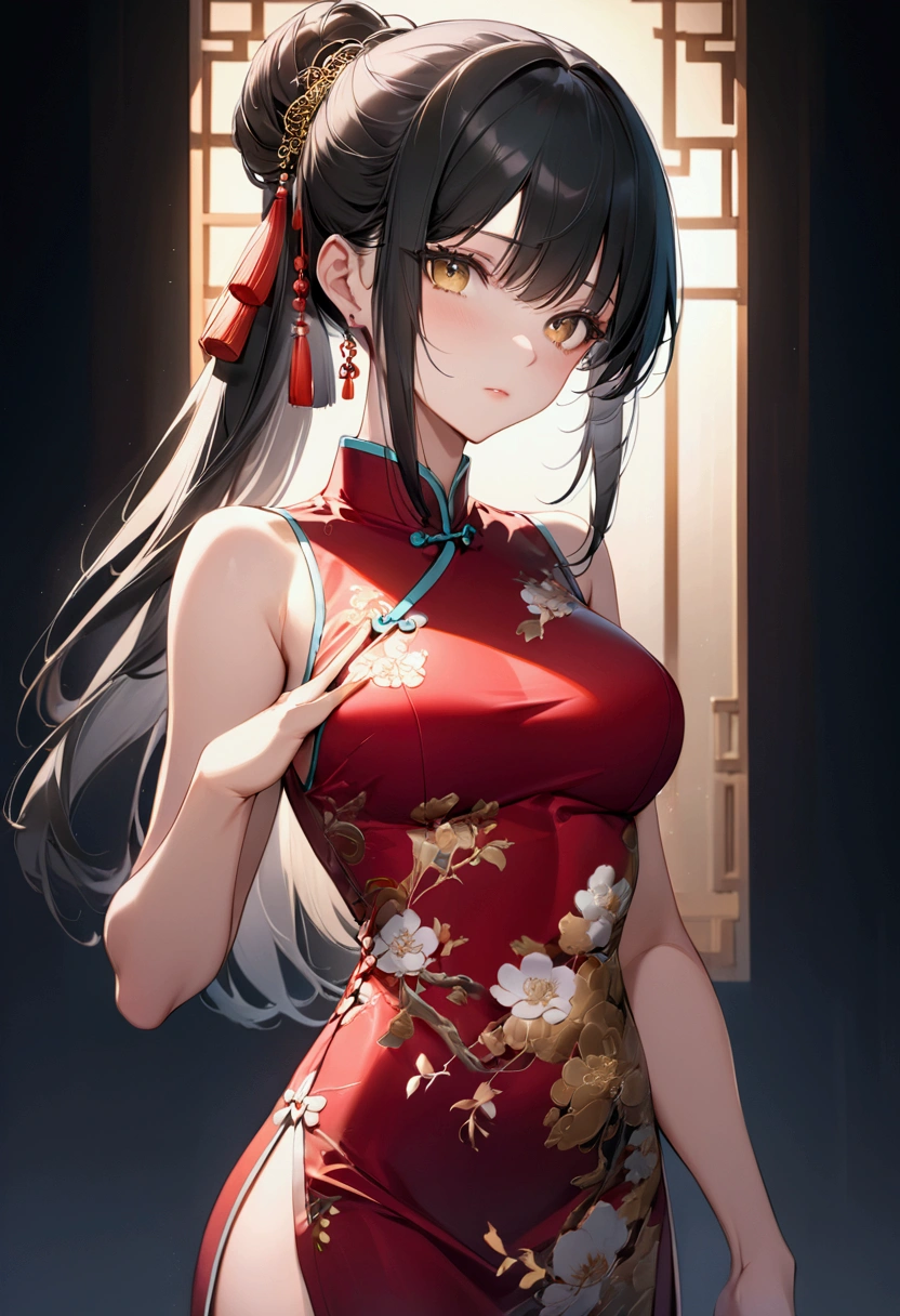 Adult Anime girl with long straight still black hair with white highlights, golden eyes,cheongsam, detailed body, detailed eyes, masterpiece, best quality, aesthetic, standard pose, 8k, high resolution, ultra-sharp.