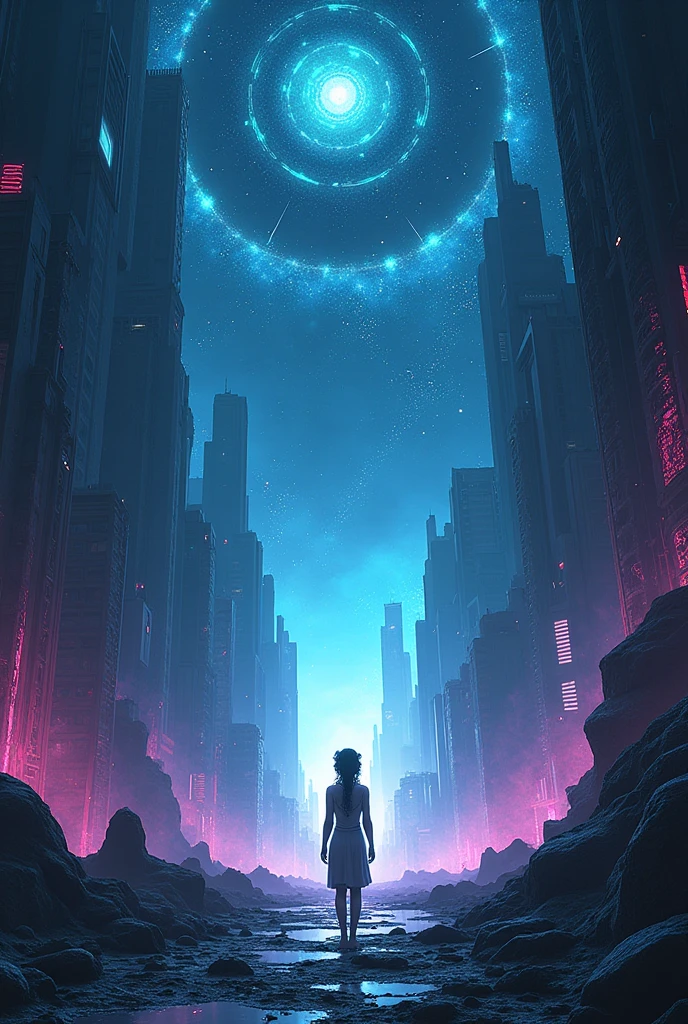 Dystopia, utopia, epic scene, anime Slice of Life, Fantasy, in space cyberpunk, style of Greg Rutkowski and Studio Ghibli, apocalyptic world, space station, space colors, stars, colors: black/purple/blue/dark blue/white