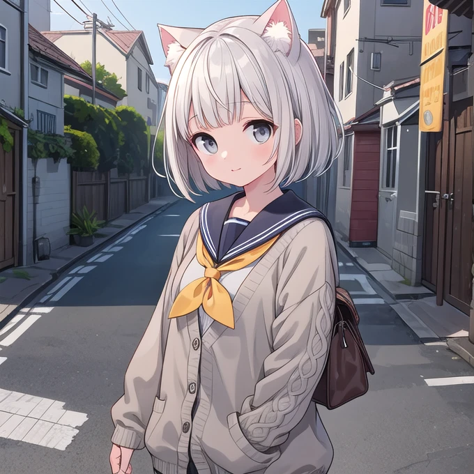 { masterpiece : highest quality : detailed face : High resolution : lip details : unity 8k wallpaper : 3D realistic illustration } { background = narrow road } { : short hair : height150centimeter: Perfect Slender Body : Perfectly small breasts : gray hair : cardigan :sailor suit:: walk: }Innocent baby face:1.5, very : cat girl : gray eyes : bob hair : cat ears