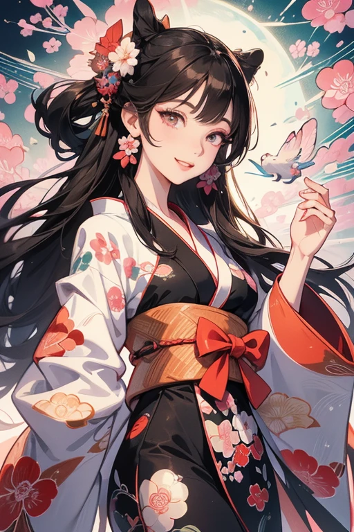 A beautiful woman smiles and shows her upper white teeth、Vividly colored Japanese Ukiyo-e style illustrations、SeaArt creates stunning illustrations of beautiful women in kimono、Brown-black long hair、Beautiful full body style、Beautiful digital illustrations、Beautiful digital painting, Bright vibrant anime art, Detailed digital anime art,  Beautiful anime portraits