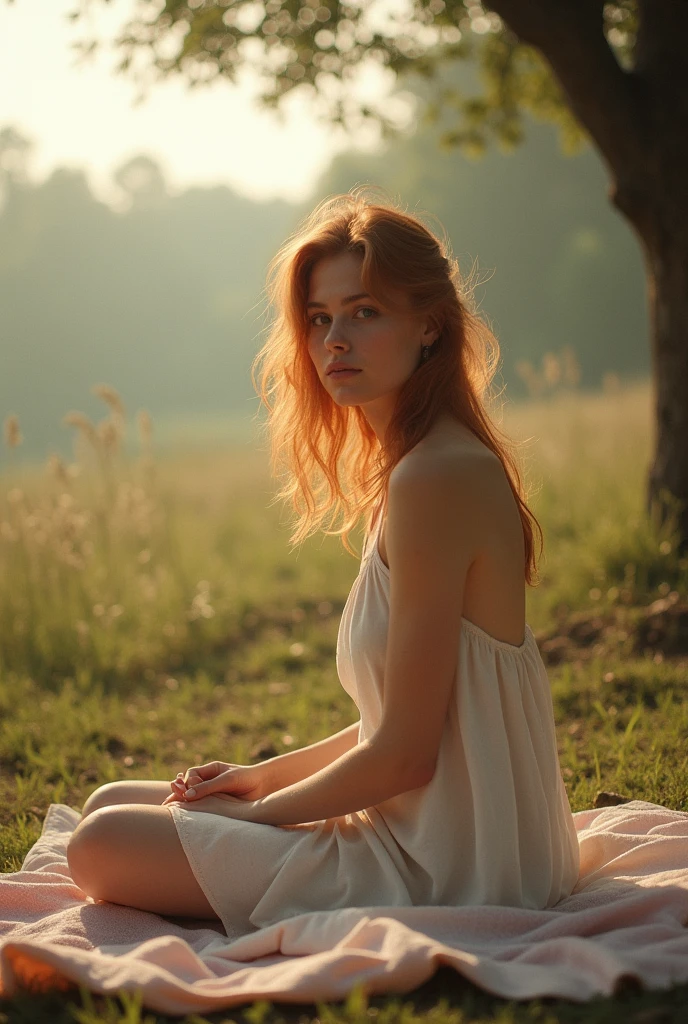 girl, age 25, Light red hair, sitting on a towel. Picnic. She looks at a point beyond the viewer. Provence. haze. 超detailded. Provence. Foggy . High grain film. retro photography, David Hamilton Style. Analog photography. grainy. nymph.