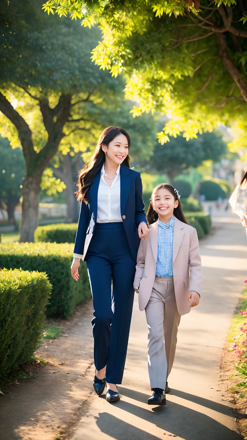 A beautiful 31-year-old mother and her adorable 10-year-old daughter are having fun walking in a park.、(Mother wears a shirt and a coat.、Formal slacks、long hair)(The daughter wears a shirt and a jacket.、Elegant and age-appropriate skirt pants、long hair)(best quality,8ก,height,Masterpiece:1.2),Very detailed,(realistic,photorealistic,photo-realistic:1.37),HDR,UHD,studio lighting,ภาพวาดที่Very detailed,Sharp focus,Physical rendering,คำอธิบายรายVery detailed,professional,bright colors,Bokeh, Portrait,A colorful and vibrant color palette,Soft and gentle light.