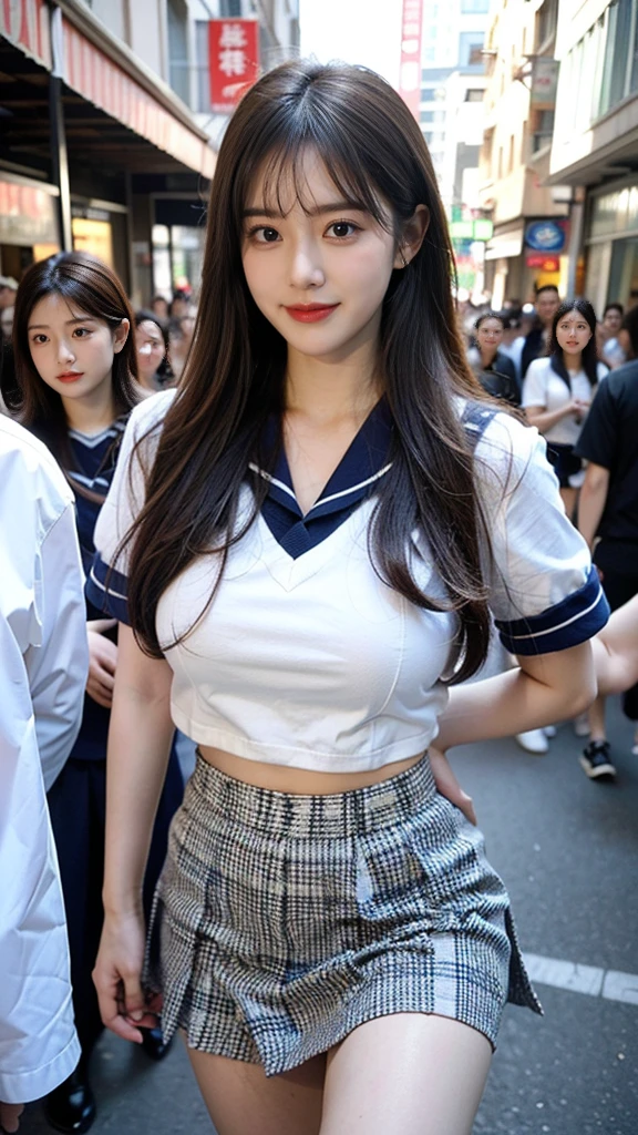(8K, RAW photos, best quality, masterpiece:1.2), (Practical, photo-Practical:1.4), (extremely detailed 8K wallpaper), Clear focus, Depth of Field, Movie Lighting, Soft Light, Detailed beauty,shiny smooth light brown Long Bob hairstyle, Asymmetrical bangs, Glowing skin, Super delicate skin ,high resolution, High Detail, Detailed hairstyle, Detailed beauty face, hyper Practical, Perfect limbs, Perfect anatomical structure ,1 Japanese girl,Famous Japanese idols, Perfect female body, (Large Breasts:1.58),Smile,Short eyelashes,Double eyelids,Long Bob hairstyle, (Uniforms:1.3),(Mini Skirt Navy Mini Skirt), Looking at the audience, (Crowded city streets:1.3),Cowboy shooting