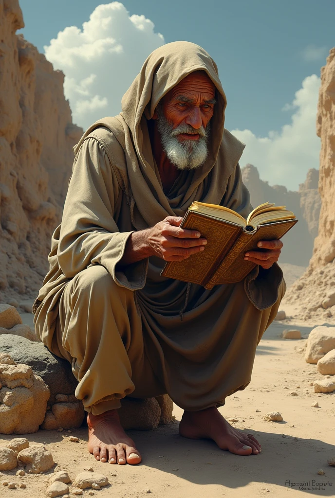 A poor old man is crying profusely behind Makkah and he is not wearing any clothes and he is also carrying junk and holding a book of Holy Quran in front of him.