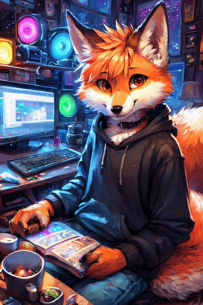 by kenket, by totesfleisch8, (by thebigslick, by silverfox5213:0.8), (by syuro:0.2), (by qupostuv35:1.2), (hi res), ((masterpiece)), ((best quality)), illustration, furry, kitsune, animal ears, body fur, 1boy, solo, orange and yellow hair, *//*, red eye, *//*, looking at viewer, smile, kitsune boy, (((androgynous))), young adult, room and city, (((night, RGB lights, warm colors, lofi))), ((room with computers)), screen lights, toned body, choker, chill pose, hoodie bright yellow and jeans, tomboy clothes, femboy clothes, lofi 8bits, furry anthropomorphic kitsune, furry kitsune nose, ((light-light orangefur)), FurryDalle