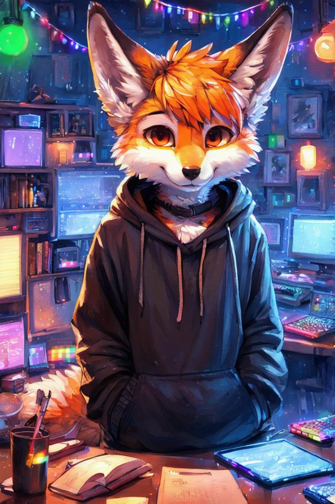 by kenket, by totesfleisch8, (by thebigslick, by silverfox5213:0.8), (by syuro:0.2), (by qupostuv35:1.2), (hi res), ((masterpiece)), ((best quality)), illustration, furry, kitsune, animal ears, body fur, 1boy, solo, orange and yellow hair, *//*, red eye, *//*, looking at viewer, smile, kitsune boy, (((androgynous))), young adult, room and city, (((night, RGB lights, warm colors, lofi))), ((room with computers)), screen lights, toned body, choker, chill pose, hoodie bright yellow and jeans, tomboy clothes, femboy clothes, lofi 8bits, furry anthropomorphic kitsune, furry kitsune nose, ((light-light orangefur)), FurryDalle
