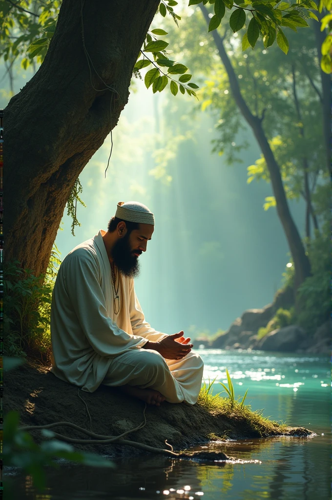 A Muslim in Jungle with 4 inch beard under a tree near to river with downing neck and closed eyes.