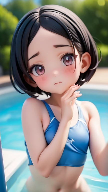 Swimsuit、Girl、Girl、、small、Black Hair,、short hair、The forehead is visible、Forehead sticking out、
