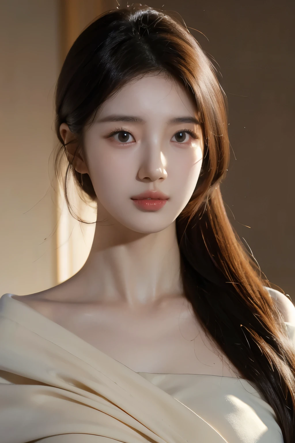 8K, masterpiece, RAW photos, best quality, realistic, depth of field, (very beautiful face, beautiful lips, beautiful eyes), best quality, masterpiece, ultra high resolution, (upper body shot:1.3), Original image, 1 woman, beige color Off shoulder, (beauty room:1.2),(cozy light), deep shadow, low tune, smile, long gray hair, pretty, big bust, Korean girl, Korean, (wide angle shot:1.3)