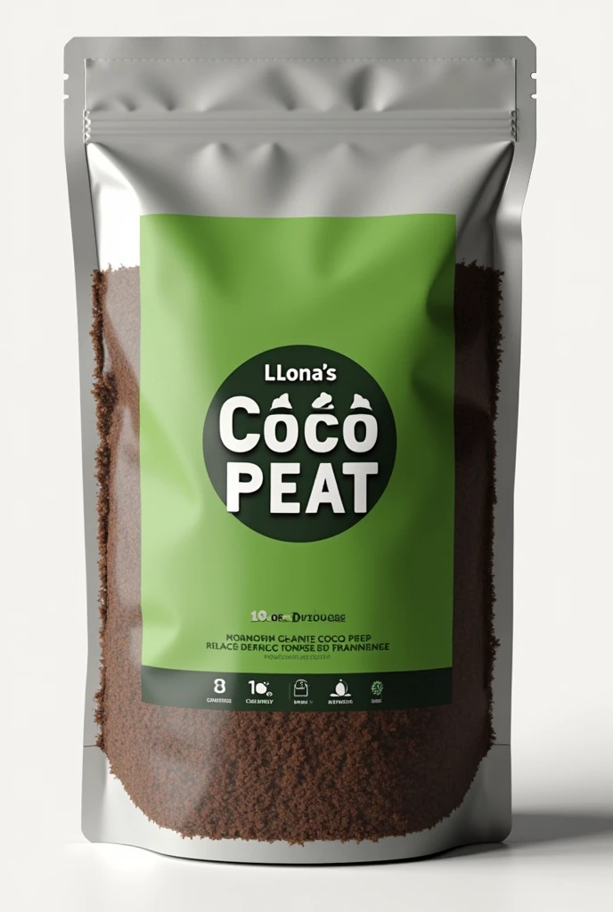 coco peat ziplock pack 1kg with logo design "llona's coco peat" and its back interface