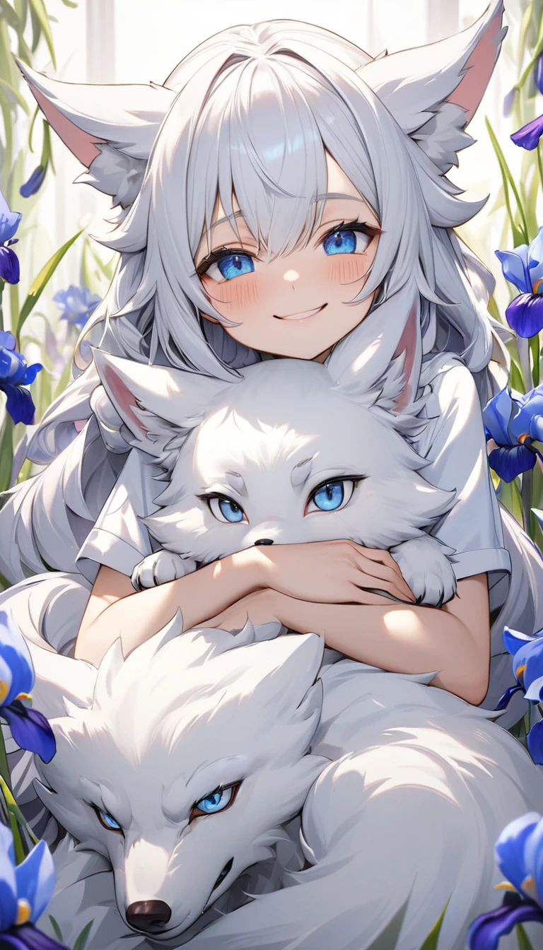 Highest quality, Super Fine, 16K, Incredibly absurd, Very detailed, Cute white wolf beast girl, Big Ears, Blue eyes like irises, smile, shy, She&#39;s wearing a cute frilly white dress, Navy blue ribbon at waist, Twinkle effect, A wallpaper with lots of pastel colored heart marks