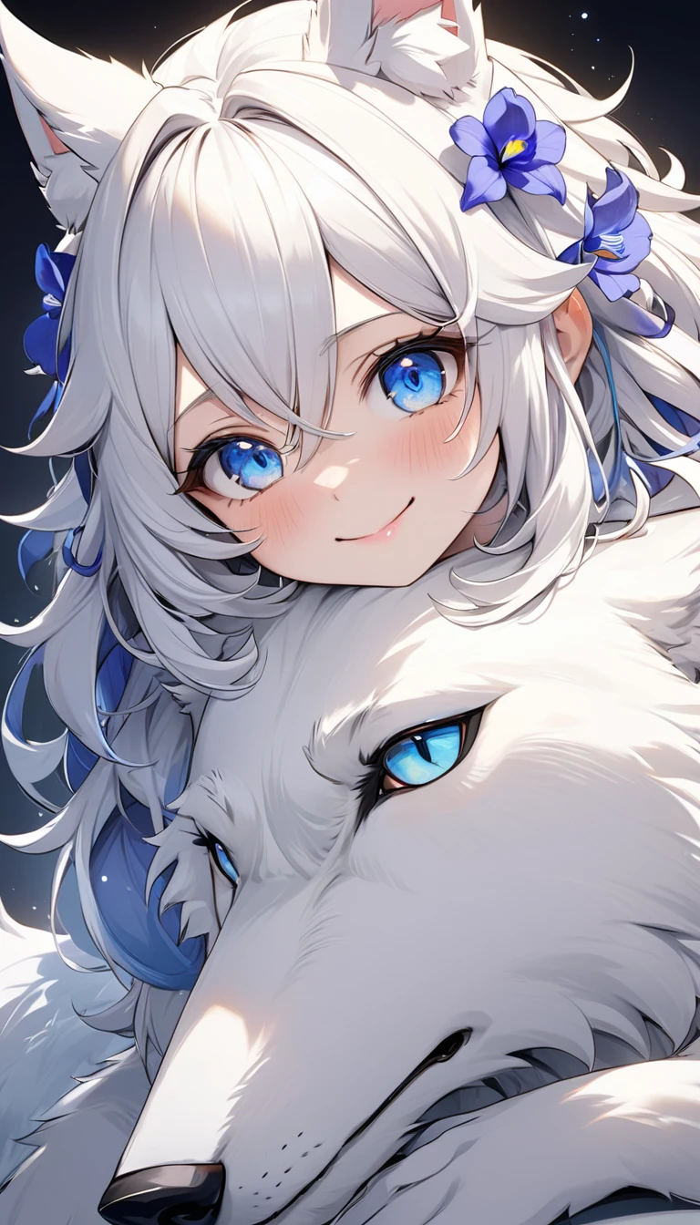 Highest quality, Super Fine, 16K, Incredibly absurd, Very detailed, Cute white wolf beast girl, Big Ears, Blue eyes like irises, smile, shy, She&#39;s wearing a cute frilly white dress, Navy blue ribbon at waist, Twinkle effect, A wallpaper with lots of pastel colored heart marks
