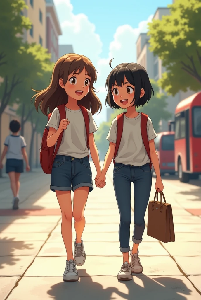 2 kids (girl) going  to school side view walking 